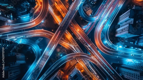 Aerial view of multilevel highway interchange on expressway, top perspective of road junction