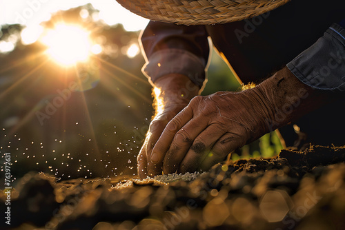 A seasoned farmer sows seeds with weathered hands, his figure backlit by the setting sun's golden glow, highlighting the dignified toil of rural life.