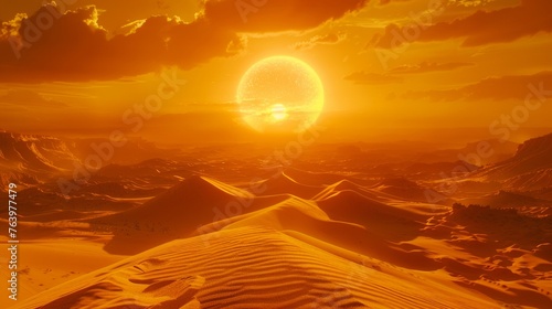 Majestic sahara desert landscape panorama at sunset with golden sand dunes stretching far and wide