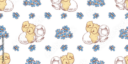 Seamless pattern of newborn hatched Easter chicks,blue delicate violets flowers,hand drawn vector background wallpaper paper textile
