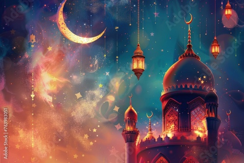 Eid mubarak mosque with moon, Eid-al-Adha, the Feast of Sacrifice.