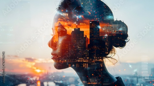 Dreamlike City Portrait of a Woman, To convey a modern and creative concept with a touch of surrealism and urban energy
