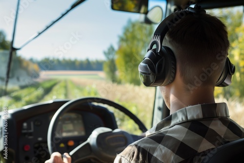 farmer wearing earmuffs while operating a tractor