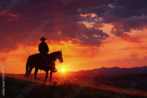 Silhouette of cowboy on horseback, sunset in the background, wild west concept.