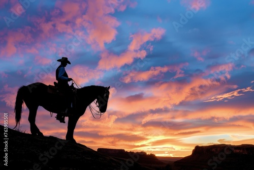 Silhouette of cowboy on horseback, sunset in the background, wild west concept.