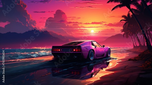 a purple sports car on a beach with a sunset