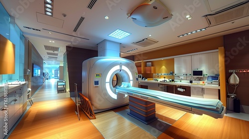 Modern clean white high-tech CT scan room. Technologically advanced and functional medical equipment in a modern hospital