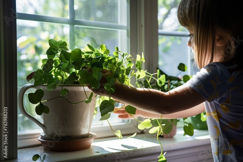 child placing a potted plant on a sunny windowsill