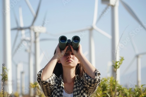 person with binoculars birdwatching near wind farm