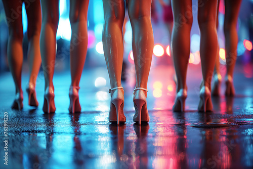 legs of crowd of woman prostitute girls in high heels at night on the street
