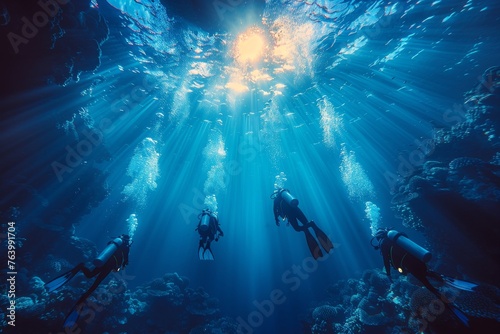 Divers explore the serene beauty of a coral reef bathed in sunlight, offering a sense of adventure and discovery