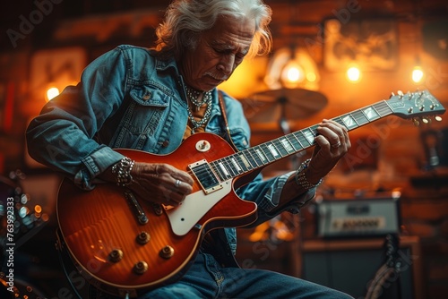 A stylish senior playing a vintage sunburst electric guitar in a rustic bar setting, embodying rock and roll