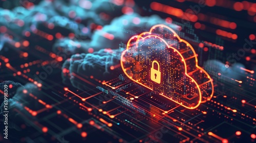 Abstract illustration of cloud security services, stylized cloud icon integrated with a secure padlock symbol, representing data protection and cybersecurity in cloud computing environments.
