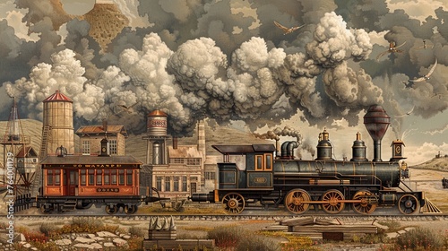 Produce a dynamic graphic capturing the evolution of transportation during the Industrial Revolution - from horse-drawn carriages to steam-powered locomotives Zoom in on intricate details to highlight