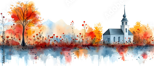 A picturesque watercolor image showing a church's reflection amidst a burst of autumnal colors