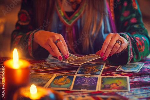 A female fortune teller, with an array of mystical tarot cards displayed on a table