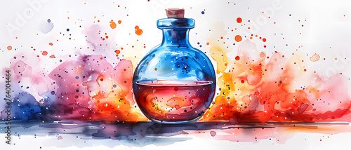 A striking image showcasing a potion bottle amidst a dynamic explosion of watercolor splashes, symbolizing creativity and magic