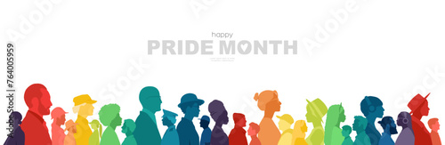 Happy Pride Month banner. Different people stand side by side together.