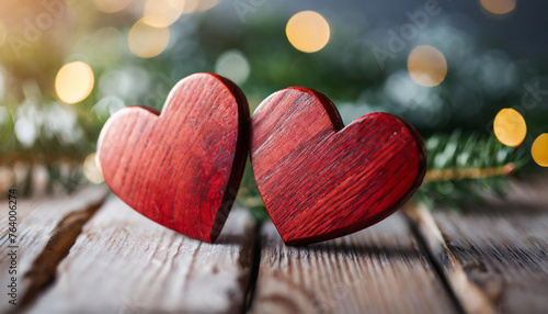 two red wooden hearts symbolizing love and connection on rustic table