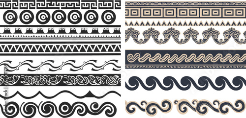 Greek roman meander and wave decorative seamless patterns vector illustration set