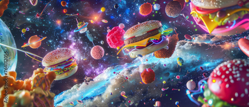 the universe with planets, stars, and galaxies, transformed into fast food styled like neon lights.