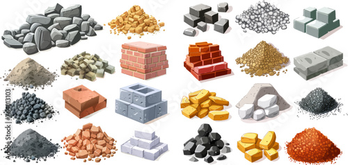 Building material piles, gravel, sand, bricks and crushed stone piles