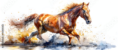 A beautiful watercolor illustration of a chestnut horse trotting with a splash-effect background that accentuates its grace