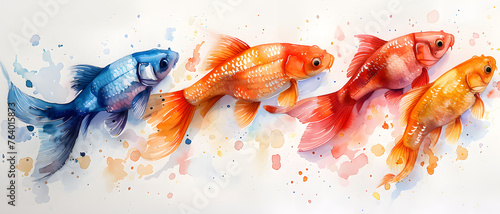 A quartet of goldfish swims in harmony, with watercolor streaks highlighting their fluidity and grace