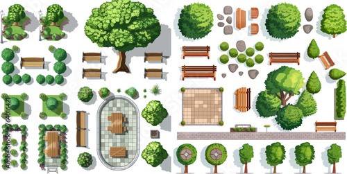 Architectural, landscaping city park trees, benches, paths, tables and chairs vector illustration set
