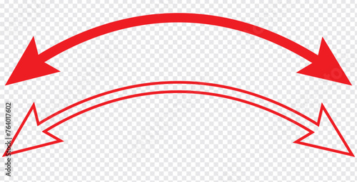 Red dual semi circle arrow. Vector illustration. Semicircular curved thin long double ended arrow.
