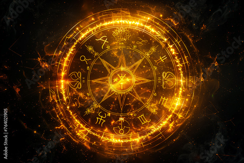 Gold magic runes in a circle. Glowing spell effect. Ancient fantasy writing. Magical neon ring. 