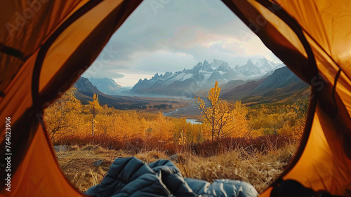 POV view from tent on mountains and beautiful landscape