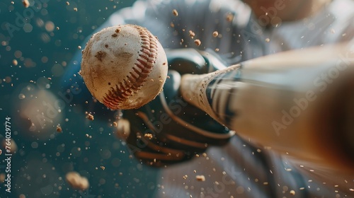 Baseball player hitting ball with bat in close up