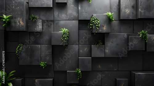 Black cubic blocks artistically interrupted by fresh green plants, signifying resilience and growth