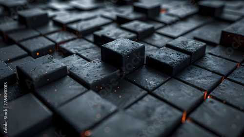 Macro view of dark stone tiles with glistening dew drops and subtle orange glow, creating a serene atmosphere