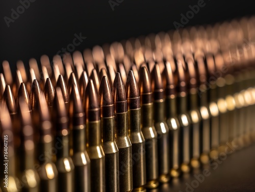 Close-up of aligned rifle ammunition with selective focus and dramatic lighting.