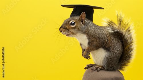 Esquilo vestindo beca de formatura e chapéu isolado no fundo amarelo