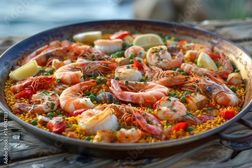 Fresh Seafood Paella in Traditional Pan with Shrimp, Peas, Lemon, and Spices on Rustic Wooden Background Gourmet Spanish Cuisine Concept