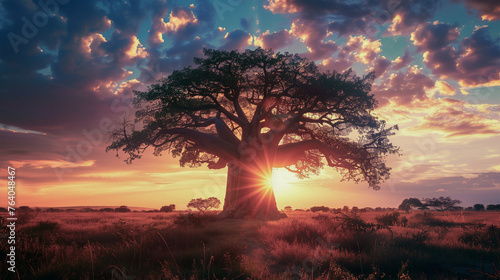 一本の大きなバオバブの木がドラマチックなシルエットを映し出す夕暮れ時の大自然