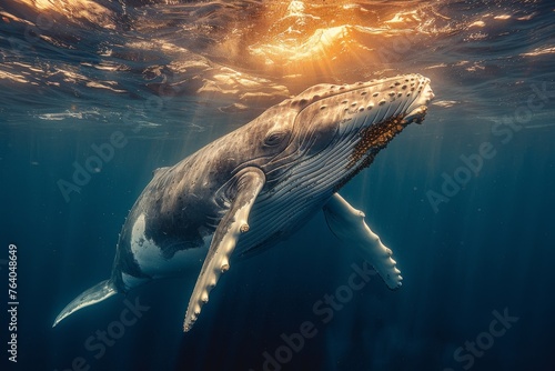 A magnificent humpback whale is captured navigating with effortless grace under a golden-hued ocean surface