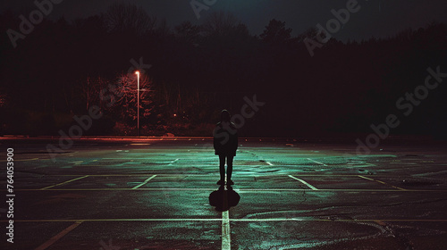 anonymous saint standing far away on a parking lot facing away from the camera, in the style of Dawid Planeta