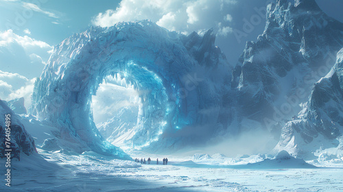 people are standing by the portal leading to an underground cave, in the style of futuristic visions, snow scenes