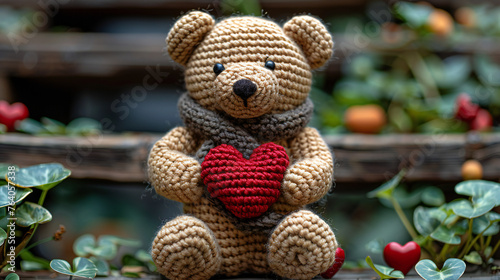 Handmade Amigurumi Teddy Bear with Heart in Lush Garden, Artisan Crochet
