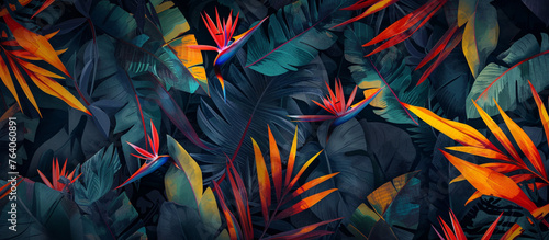 Tropical illustration with tropical plants. 