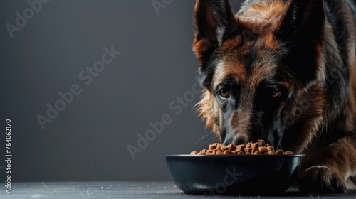 German Shepherd over a bowl of dog food, on a gray background.