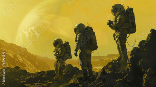 This illustrative artwork imagines astronauts exploring an alien planet with a massive planet visible in the sky
