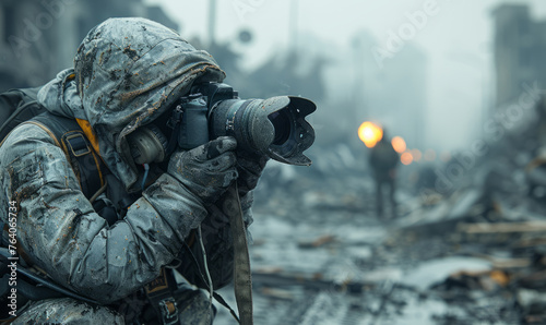 Professional war press photographer wokring in a dystopian war zone