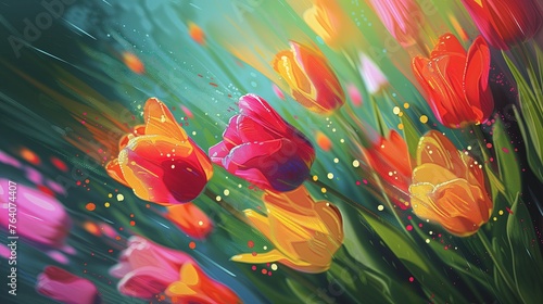 Kolorowe tulipany rosnące w polu. Kąt i rozmazanie dodaje energii i świeżości. Kwiaty są w pełnym rozkwicie.