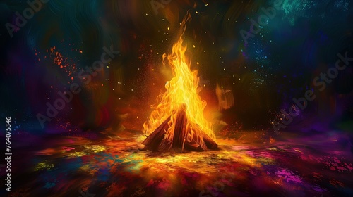 Cyfrowe malarstwo przedstawiające ognisko w środku nocy. Ognisko tworzy efekt trójwymiaru i wydaje intensywne światło w ciemności, tworząc tajemniczą atmosferę.