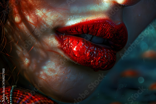 Intricate Shot of a Tempting Siren, Her Lips Painted Crimson, Drawing Admirers with Each Enchanting Smile 